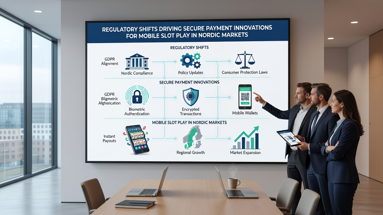 Secure mobile transaction flow for slot games shown on a tablet interface with Nordic regulatory compliance icons